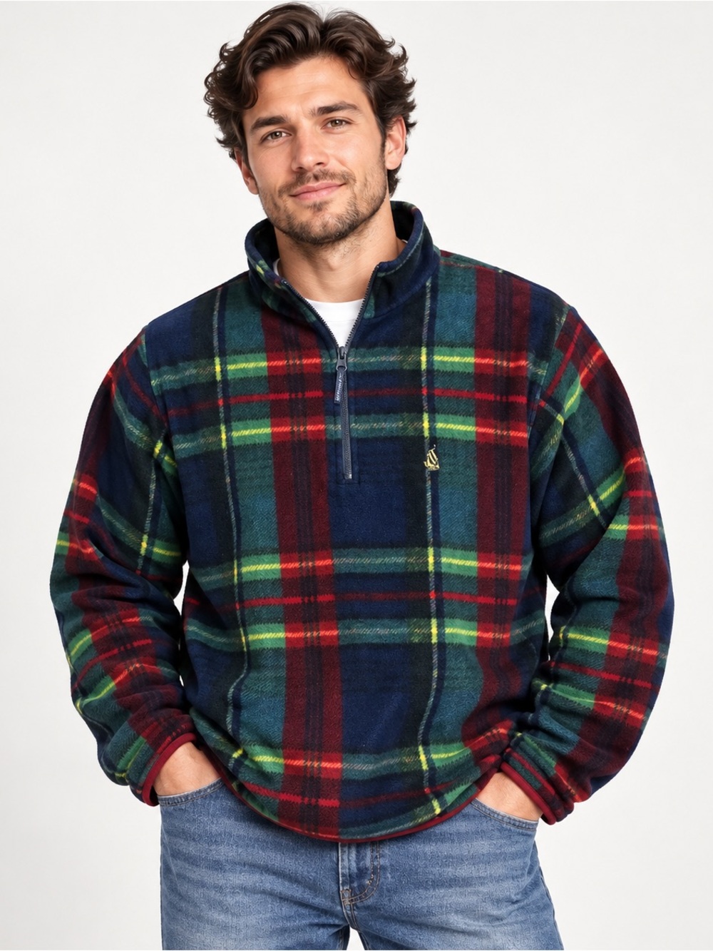 Vintage 90s Nautica Men’s XL Plaid Quarter Zip Fleece Pullover Navy Green Red